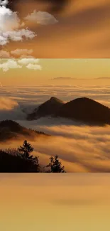 Golden sunset over misty mountains with clouds.