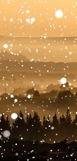 Mobile wallpaper of a golden landscape with falling snowflakes.