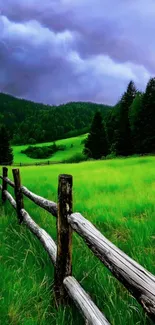 Green field with wooden fence under a cloudy sky