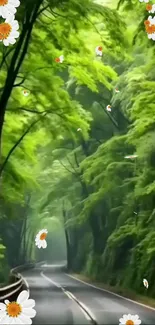 Serene green forest path with white flowers.