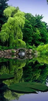 Peaceful forest reflection with lotus flowers on a serene lake background.