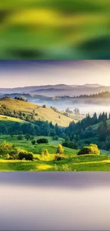 Serene green hills with trees and sunlight in a tranquil landscape.