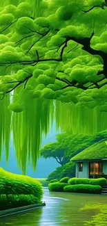 A serene green landscape with a small house under lush trees.