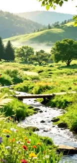 Lush green landscape with stream and butterflies.