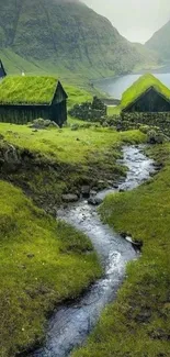 Peaceful green landscape with cottages and a stream.