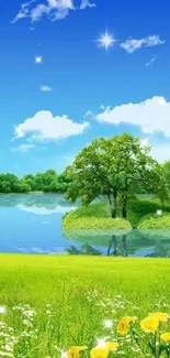 Serene green landscape with lake and blue sky wallpaper.