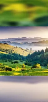 Serene green landscape with rolling hills and sunrise.