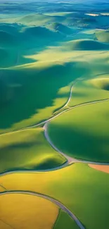 Aerial view of vibrant green rolling hills and fields.