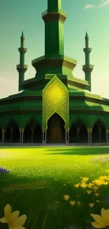 Serene green mosque surrounded by vibrant nature.