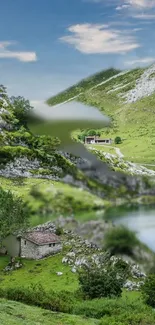 Green mountain landscape with a calm lakeside view and lush greenery.