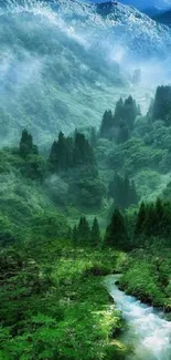 Green mountain landscape with flowing stream.