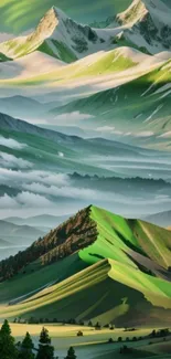 Serene green mountains with misty clouds on a mobile wallpaper.