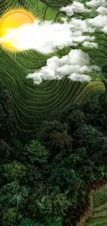 Lush green landscape with sun and clouds.