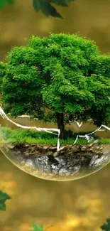 A lush green bonsai tree inside a glass orb on a nature-themed mobile wallpaper.