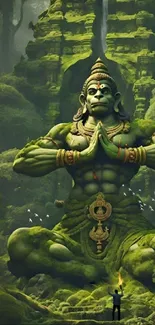 Majestic stone deity in lush jungle setting.