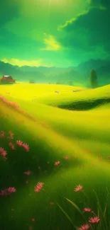 Vibrant green valley with flowers under a sunny sky wallpaper.