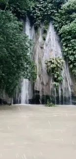 Serene waterfall surrounded by lush greenery and calm water.