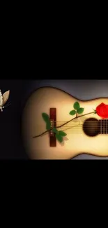 Guitar with rose and butterfly on a serene black background wallpaper.