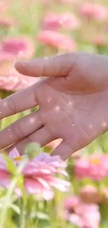 A hand gently touches pink flowers in a serene field.