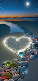 Heart-shaped rock formation on moonlit beach at sunset.