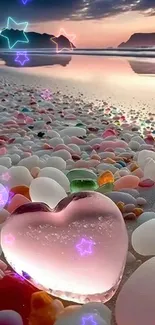 Serene mobile wallpaper with heart stone and colorful beach pebbles.