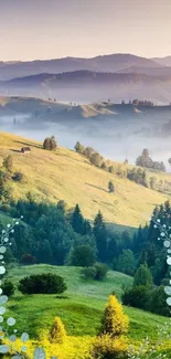 Scenic wallpaper of misty hills and green landscape with morning light.