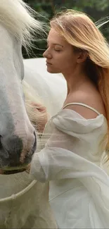 Serene woman in white dress with white horse