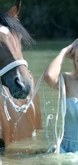 Woman and horse in serene waters backdrop.