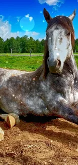 Majestic horse resting in a green pasture under a blue sky.