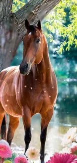 Majestic horse by the river with vibrant flowers in a serene natural setting.