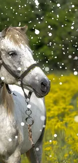 Horse in a yellow flower field with white floating particles.