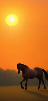 Silhouette of a horse against a vibrant orange sunset background.