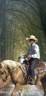 Cowboy on horseback through a tranquil forest path wallpaper.