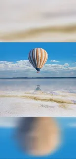 Hot air balloon over a tranquil salt lake with a vast blue sky.