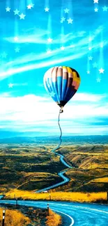 Hot air balloon floating over a winding road under a vibrant sky.