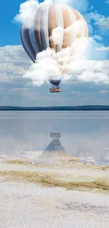 Hot air balloon over tranquil salt lake with blue sky.