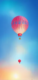 Colorful hot air balloons in serene blue sky at sunrise over the sea.