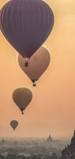 Hot air balloons float over tranquil sunset landscape, capturing serene beauty.