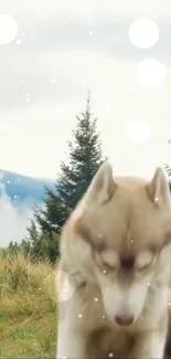 Husky in serene forest setting with a peaceful backdrop.