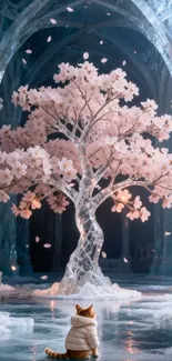 Cat in ice palace with blossom tree, serene view.