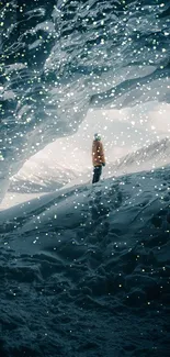 Person exploring majestic ice cave with snowy mountain view.