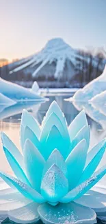 Serene scene with ice lotus on frozen lake and snowy mountain backdrop.