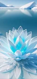 Icy flower with blue tones on a tranquil water landscape.