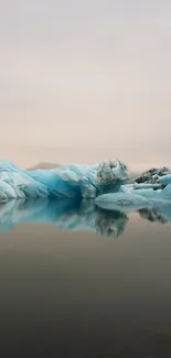 Serene iceberg reflection in calm waters, creating a tranquil and picturesque scene.