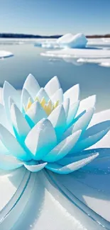 Icy lotus on a frozen lake with serene blue tones.