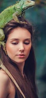 Woman with iguana on her head in a serene artistic portrait.