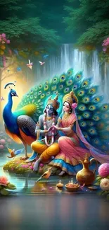 Mystical scene with deities and a vibrant peacock in a colorful natural setting.