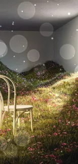 Chair on grassy hills with pink flowers by a window, creating a serene indoor scene.