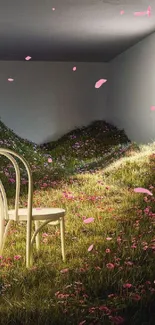 A serene room with a chair amidst grassy hills and pink flowers under sunlight.