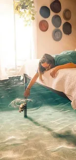 Woman resting on bed over water-filled room with hats on wall.